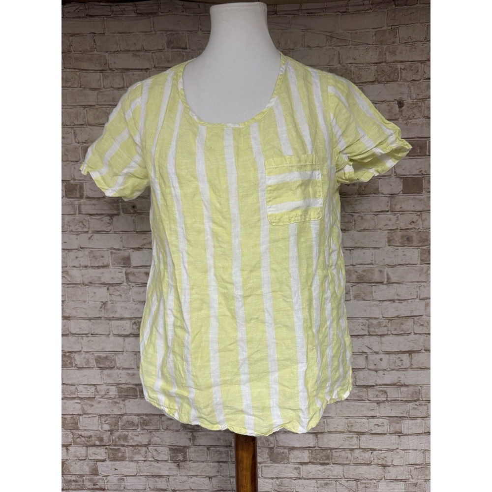 Christian Siriano New York 100% Linen Blouse Small Yellow White Vertical Stripe